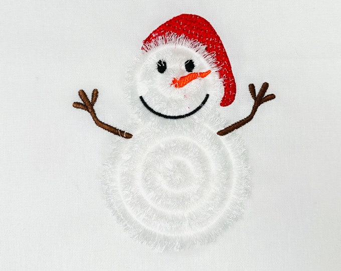 Little cute Snowman with Santa hat Christmas machine embroidery designs Fringe fringed fluffy chenille Snowman baby kids 4 up to 5.5 inches