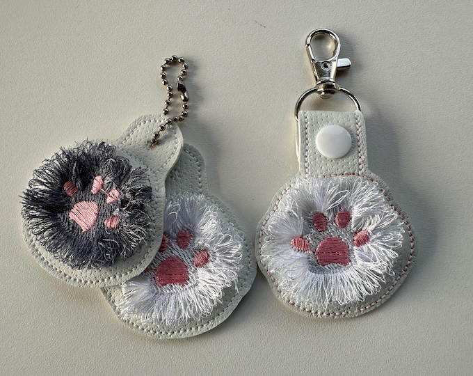 Fringed Cat Kitty Paw Eyelet and Key Fob Snap Tab in the hoop machine embroidery designs ITH project key ring keychain fluffy fur cute Paw