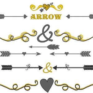 Arrows hearts and curls wedding monogram split edges Set of 9 machine embroidery designs in 2, 3, 4, 5 inches arrow heart curl ampersand