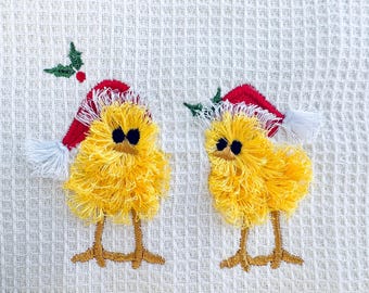 Two Little Christmas Chicks fringed fur chenille fluffy Chick Santa Hat mini machine embroidery designs fringe chicken kids baby 4, 4.5, 5in
