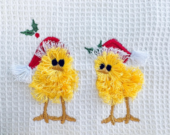 Two Little Christmas Chicks fringed fur chenille fluffy Chick Santa Hat mini machine embroidery designs fringe chicken kids baby 4, 4.5, 5in
