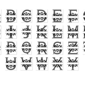 Peut inclure: Un ensemble de 26 lettres de l'alphabet avec un motif de fioritures décoratives. Chaque lettre est divisée en deux avec une ligne horizontale, créant un espace pour un nom ou un monogramme.