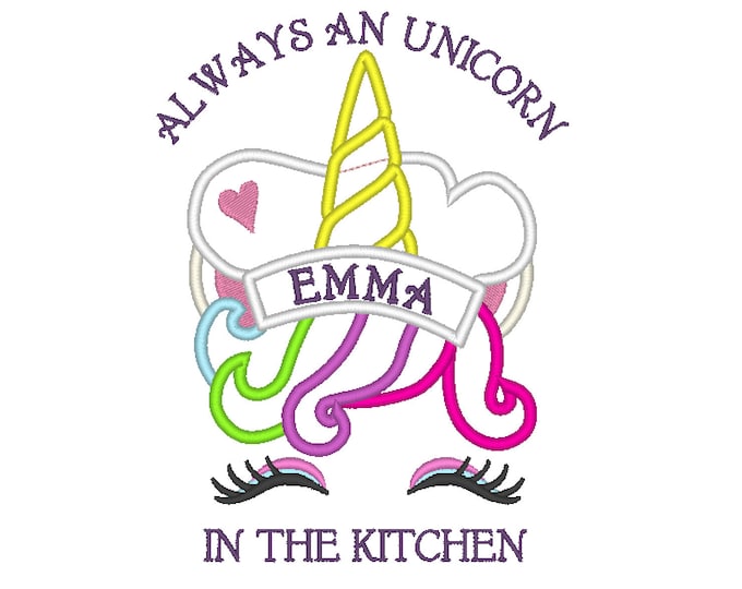 Always and unicorn in the kitchen apron cute for kids embroidery designs set, Cook unicorn face head machine embroidery designs