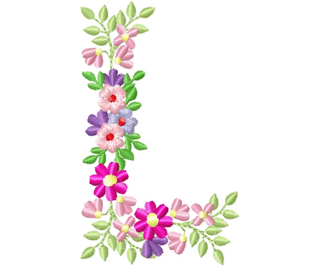 Country Floral letter L garden flag monogram flowers flower flowered Font machine embroidery designs monogram L only 3,5, 4, 5, 6, 7, 8 in