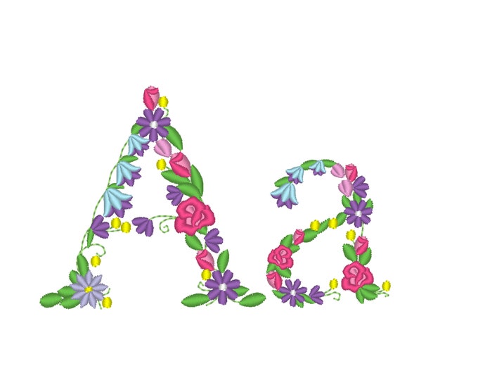 Meadow Bluebell Rose Floral letter A monogram flowers flower flowered machine embroidery designs 2, 3 and 4 inches