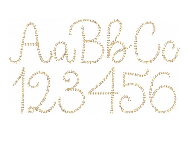 May include: A gold alphabet and numbers font made of small triangles. The letters A, a, B, b, C, c, 1, 2, 3, 4, 5, and 6 are shown.