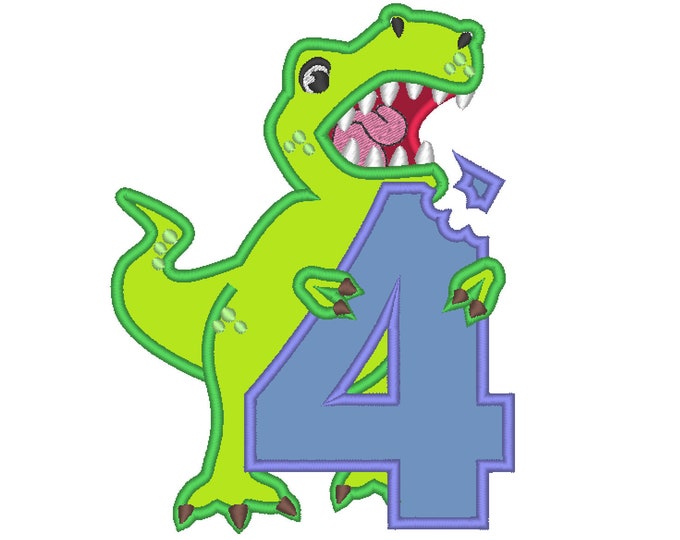 T rex dinosaur eating Birthday number four 4, trex with bitten number 4 machine embroidery applique designs Birthday outfit for 4x4 5x7 6x10