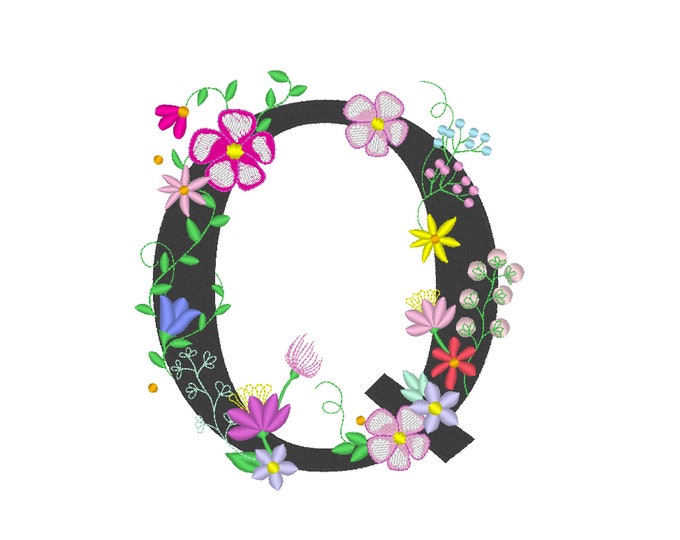 Floral letter Q  garden flag monogram lace swirl flowers block font and mini Font machine embroidery design monogram Q only 4, 5, 6 and 8 in