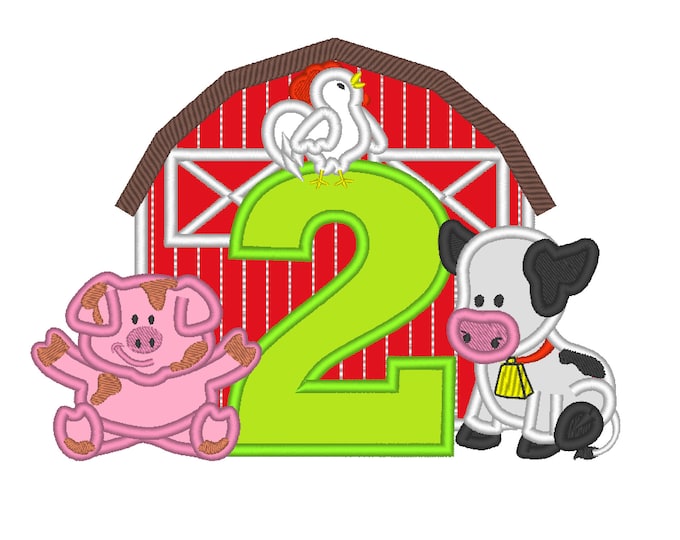 Farm Barn animals birthday number TWO 2 with barn cow pig rooster cute farm Applique machine embroidery designs for hoop 5x7 6x10 8x8 8x12