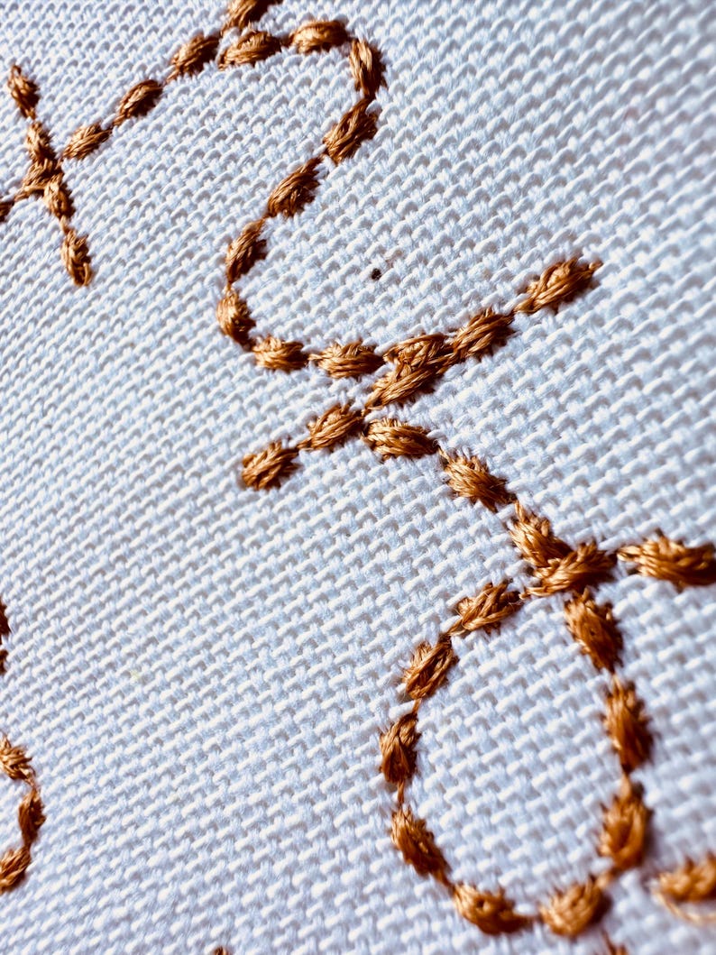 May include: Close-up of a white fabric with a brown embroidered design. The design is made up of a series of interlocking circles and loops.