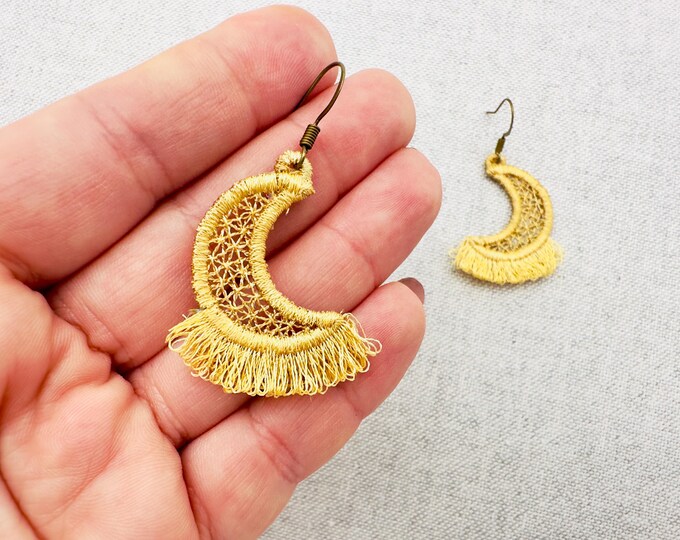 Fringed Fluffy Half Moon girls pretty earrings or charm in the hoop FSL freestanding lace fringe machine embroidery designs ITH size 1 inch