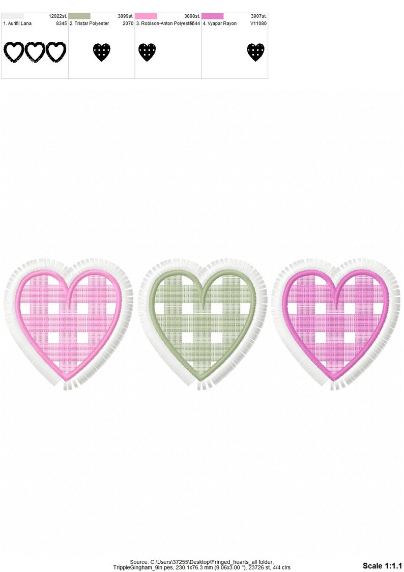 Gingham Tartan Valentine triple hearts in a row three awesome hearts Fringed fluffy Heart fringe ITH in the hoop machine embroidery designs image 4