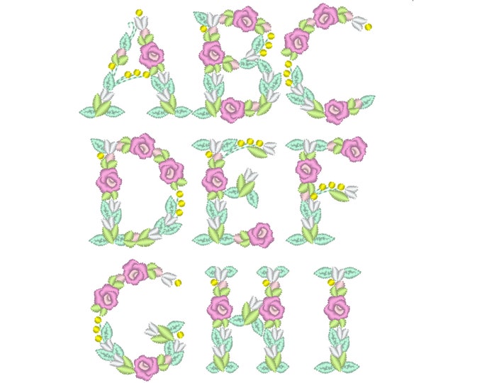 Mini roses floral font alphabet  flower monogram liberty fashioned flowers Font machine embroidery designs sizes 1.4, 1.6, 1.8, 2 in BX inc