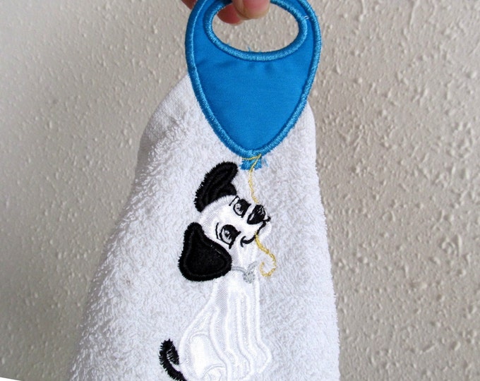 Puppy - towel hanging hole In The Hoop machine embroidery designs ITH project for hoop 5x7 kids bath towel topper puppy dog pet with balloon