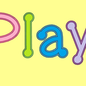 May include: The word "Play" is spelled out in colorful, outlined letters. The letters are pink, green, blue, and purple.