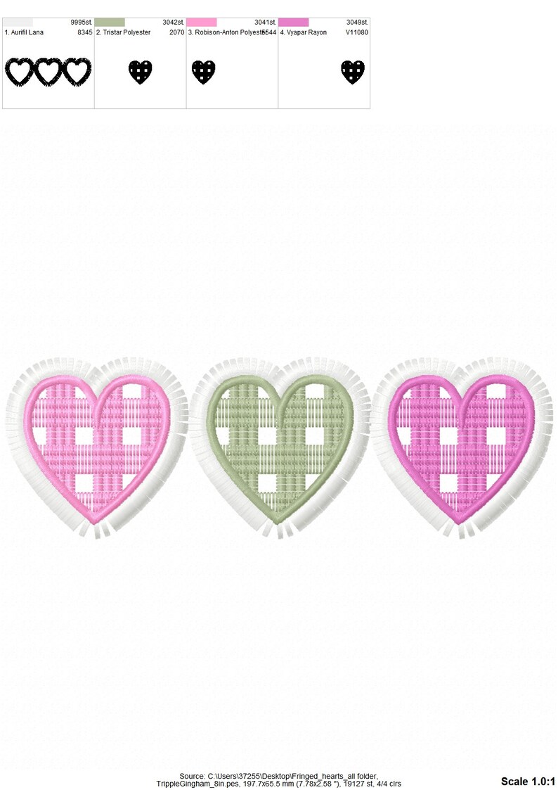 Gingham Tartan Valentine triple hearts in a row three awesome hearts Fringed fluffy Heart fringe ITH in the hoop machine embroidery designs image 3