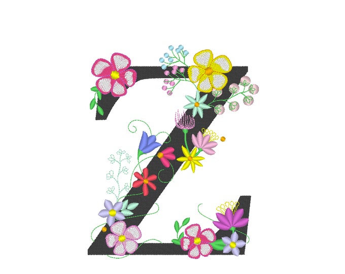 Floral letter Z  garden flag monogram lace swirl flowers block font and mini Font machine embroidery design monogram Z only 4, 5, 6 and 8 in