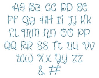 May include: A complete alphabet in uppercase and lowercase, plus symbols, is displayed. The letters and symbols are a light blue color and are made up of small, connected shapes. The font is decorative and whimsical, perfect for crafting projects.