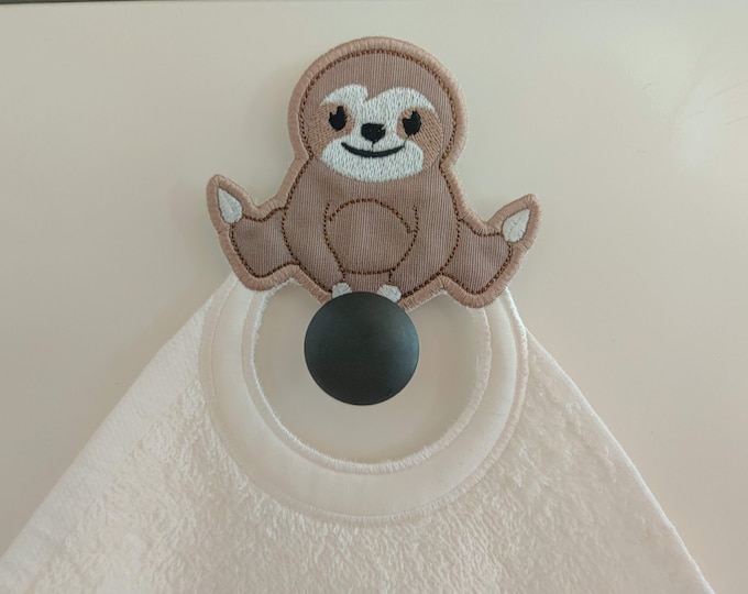 Sloth towel hanging topper hole In The Hoop machine embroidery design, ITH project Towel topper, hanger, hanging hole embroidery