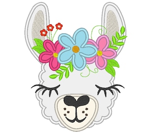 Llama or alpaca head with shabby chick flower crown applique machine embroidery design pretty eyes floral llama face cute drama llama design