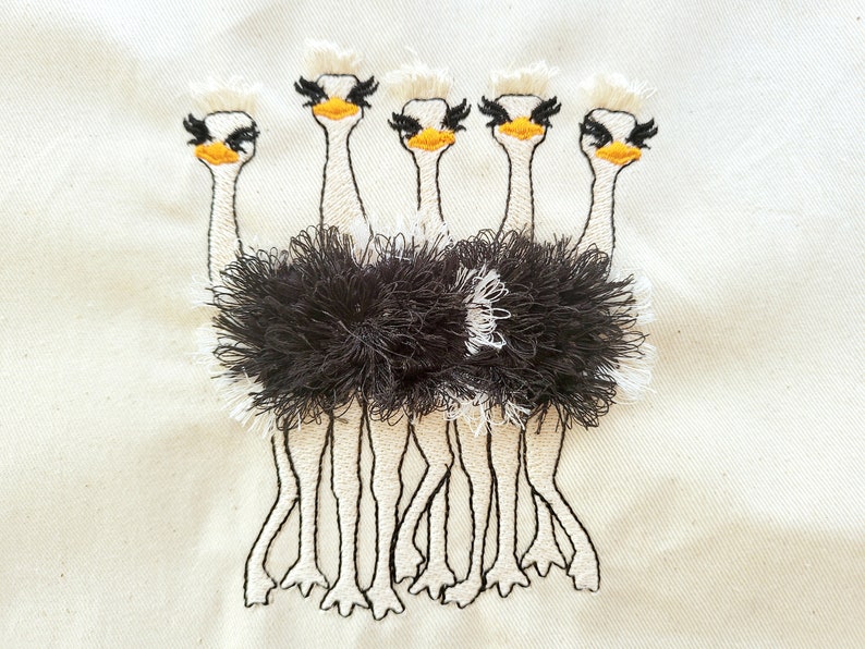 Fringed fluffy flock of 5 ostriches group of ostriches machine embroidery designs for hoop 5x7 6x10 awesome fringe ostrich in the hoop ITH image 4