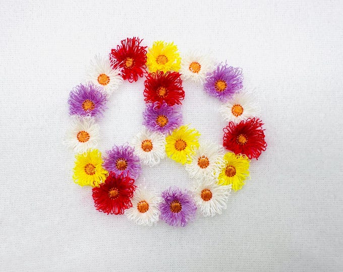 Fringed Floral Peace Sign Fluffy Fringe chenille daisy flower machine embroidery designs multiple sizes