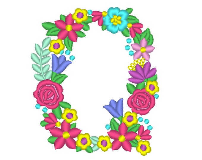 Floral letter Q garden flag monogram liberty fashioned flowers flower Font machine embroidery designs monogram Q only 4, 5, 6 and 8 in