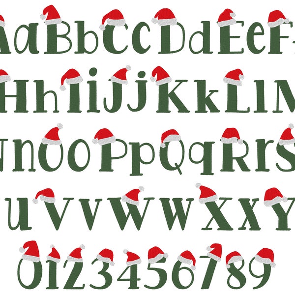 Kerstlettertype met kerstmuts alfabet machine borduurontwerpen geweldige monogram alfabetletters vulsteek feestelijk lettertype 1,2 tot 3 inch