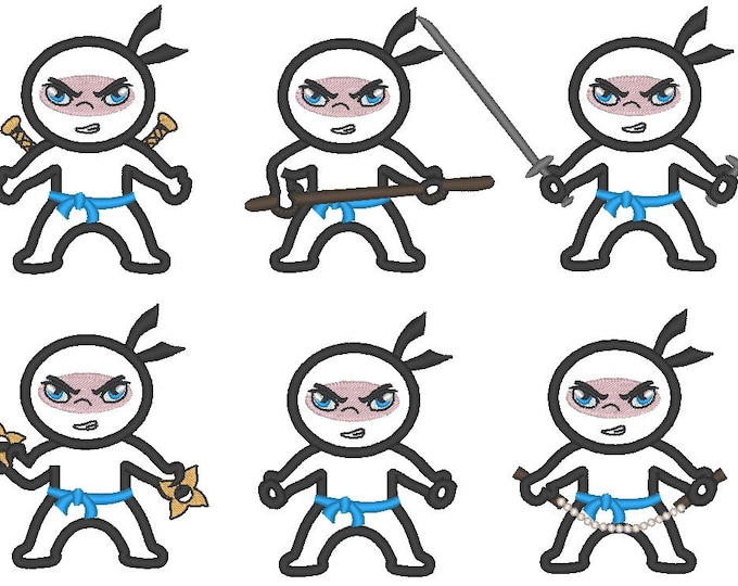 Ninjas machine embroidery designs Set 6 types ninja fill stitch and applique designs for hoop 4x4, 5x7 assorted sizes 4, 5, 5 1/2, 6 in kids