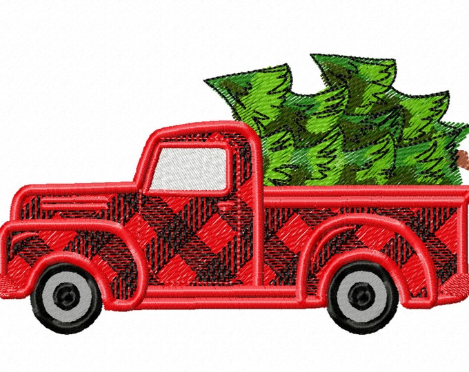 Checked plaid red truck gingham Station wagon with Christmas trees in the back fill stitch Vintage machine embroidery designs 4x4, 5x7, 6x10