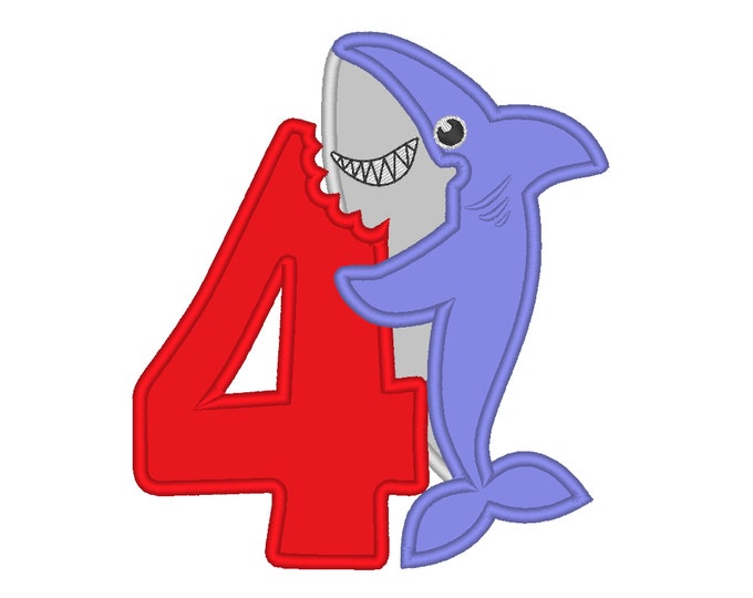 Baby Shark Birthday number 4 FOUR bitten number baby kids boy Birthday outfit design machine embroidery applique designs hoop 4x4, 5x7, 6x10