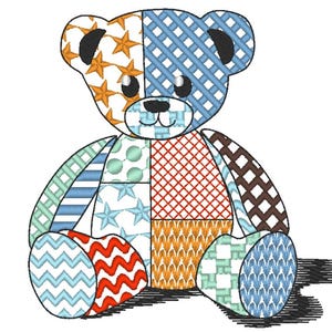 May include: A patchwork teddy bear in a sitting position, featuring a variety of patterns such as stars, stripes, and geometric designs. The embroidered bear is in shades of blue, orange, red, and brown. The bear has a shadow.