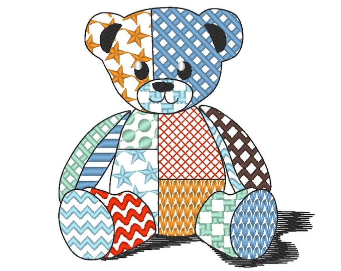 Patchwork Teddy Bear cute Teddy patterned silhouette outline kids baby machine embroidery designs sizes 3.5 up to 5 in