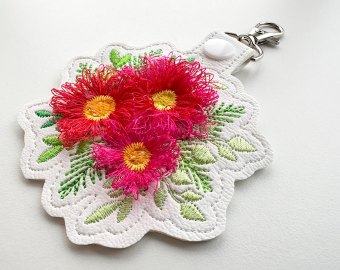Fringed Fluffy Floral Bouquet Eyelet and Key Fob Snap Tab in the hoop machine embroidery designs ITH cute keychain bag tag kids gift idea