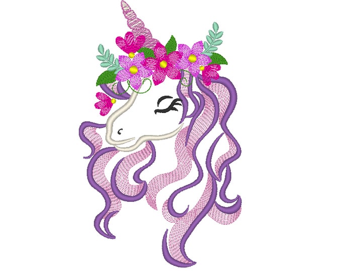 Light stitch floral crown Unicorn head with flower machine embroidery designs multiple sizes, pretty Unicorn girl face, magic horse princess