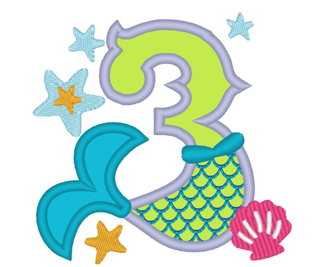 Mermaid Tail Birthday number, Mermaid number THREE 3 applique, Mermaid Kisses and starfish wishes 4x4 5x7 mermaid embroidery design