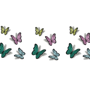 May include: A collection of colorful butterflies with various wing patterns and colors, including pink, yellow, blue, and green, are arranged in a symmetrical pattern on a white background.