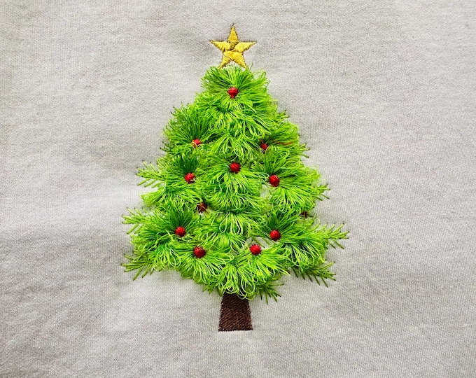 Fringed fluffy Festive Christmas Tree fringe simply ITH in the hoop chenille woodland spruce machine embroidery designs sizes 4 up to 6in