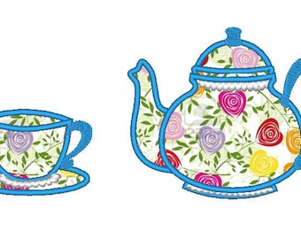 Tea cup and teapot single files set - machine embroidery applique designs for hoop 4x4, 5x7 INSTANT DOWNLOAD