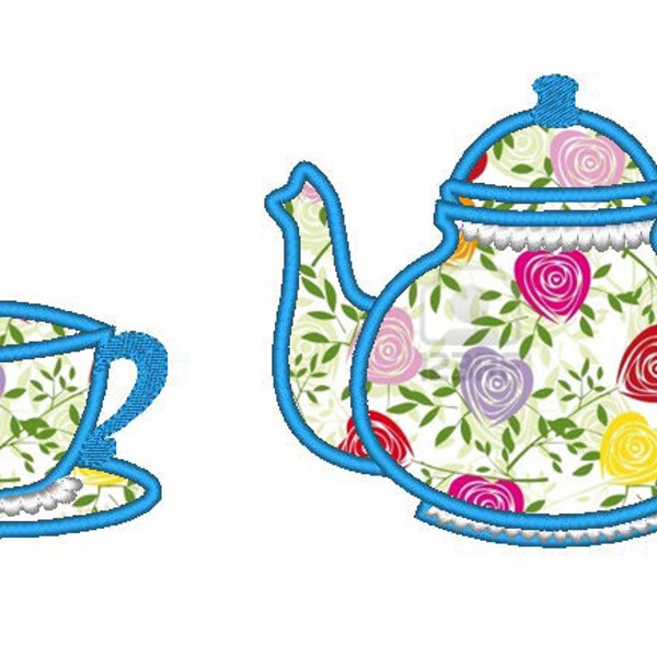 Tea cup and teapot single files set - machine embroidery applique designs for hoop 4x4, 5x7 INSTANT DOWNLOAD