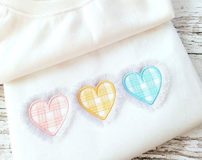 Gingham Tartan Valentine triple hearts in a row three awesome hearts Fringed fluffy Heart fringe ITH in the hoop machine embroidery designs