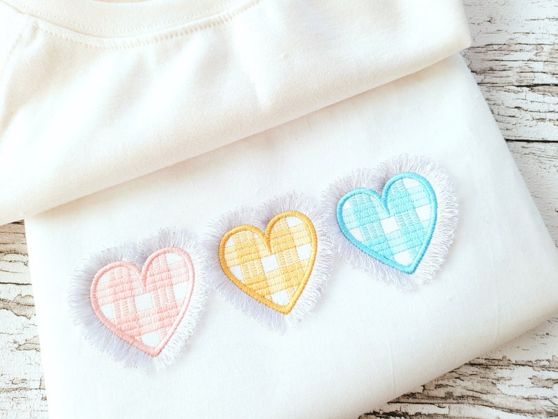 Gingham Tartan Valentine triple hearts in a row three awesome hearts Fringed fluffy Heart fringe ITH in the hoop machine embroidery designs by Artapli embroidery formats PES HUS JEF EXP DST VIP VP3 XXX instant download