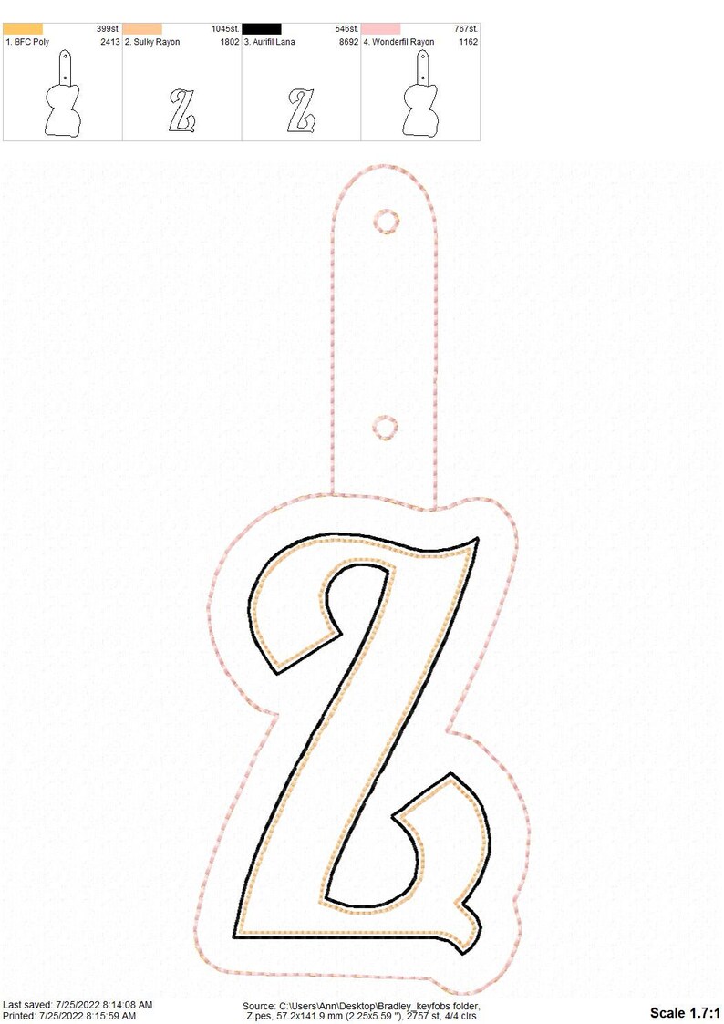 May include: A white letter Z with a gold outline, surrounded by a pink dashed line. The letter is attached to a pink loop.