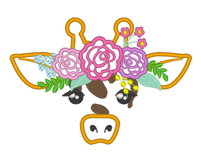 Giraffe face with floral rose crown applique machine embroidery designs cute Giraffe animal kids girls design sizes for hoop 4x4, 5x7, 6x10