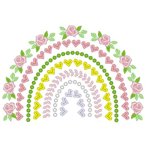 Delicate Roses Floral Rainbow boho Shabby Chic machine embroidery designs assorted sizes girly pretty rainbow Rose flower heart pearl crown