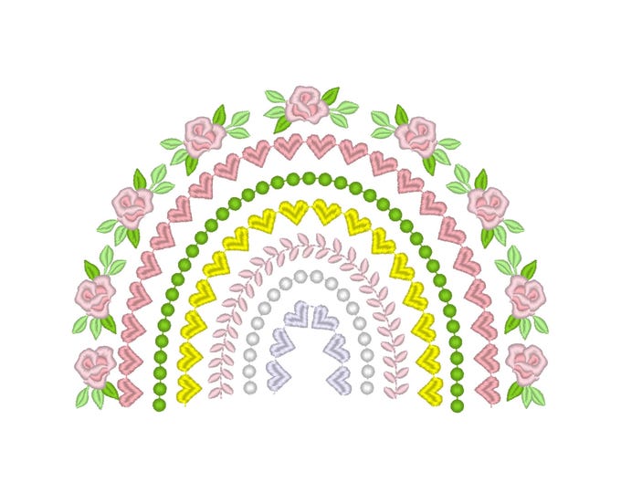 Delicate Roses Floral Rainbow boho Shabby Chic machine embroidery designs assorted sizes girly pretty rainbow Rose flower heart pearl crown