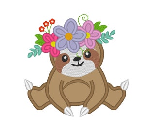Sloth with floral crown wreath of flowers applique machine embroidery designs for hoop 4x4, 5x7, 6x10 little cute sloth animal kids baby