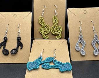 Music Notes earrings SET of 5 designs FSL Lace musical freestanding lace jewelry charm ornament ITH machine embroidery designs for hoop 4x4