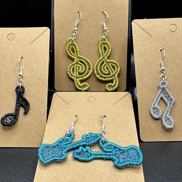 Music Notes earrings set 5 designs FSL Lace musical  freestanding lace jewelry pendant ornament machine embroidery designs for hoop 4x4