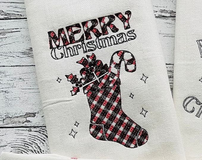 Merry Christmas stocking gingham tartan check old fashioned classic Pillow o Kitchen dish towel machine embroidery designs hoop 4x4 5x7 6x10